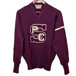 Vintage 50s Letterman Sweater Wool Burgundy PCS Patch Repaired USA Knit